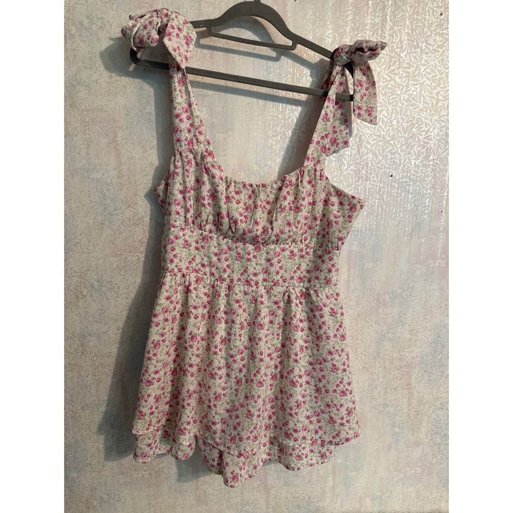 Altard State Floral Tie Shoulder Romper Pink White Rose Cottagecore Large